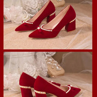 Women's Chunky Heel Pointed Toe Slip-On Shoes Wedding Dress Two-Way Wear Pearl Red Bridal Shoes Spring Autumn New Style