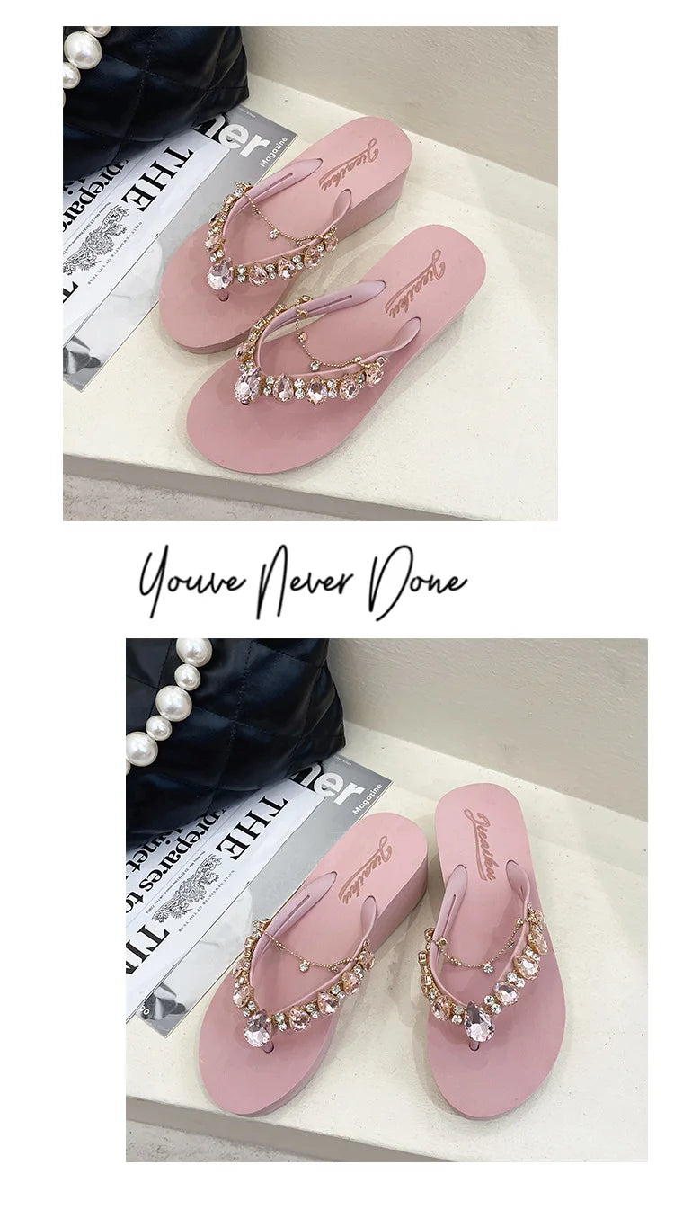 Women Slippers Fashion Summer New Water Diamond Flip Flops Women Outwear Thick Sole Slope Heels Beach Vacation Slippers