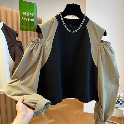 Contrast Color Tops Women Loose Casual Long Sleeve O Neck Off Shoulder Preppy All Match shirts