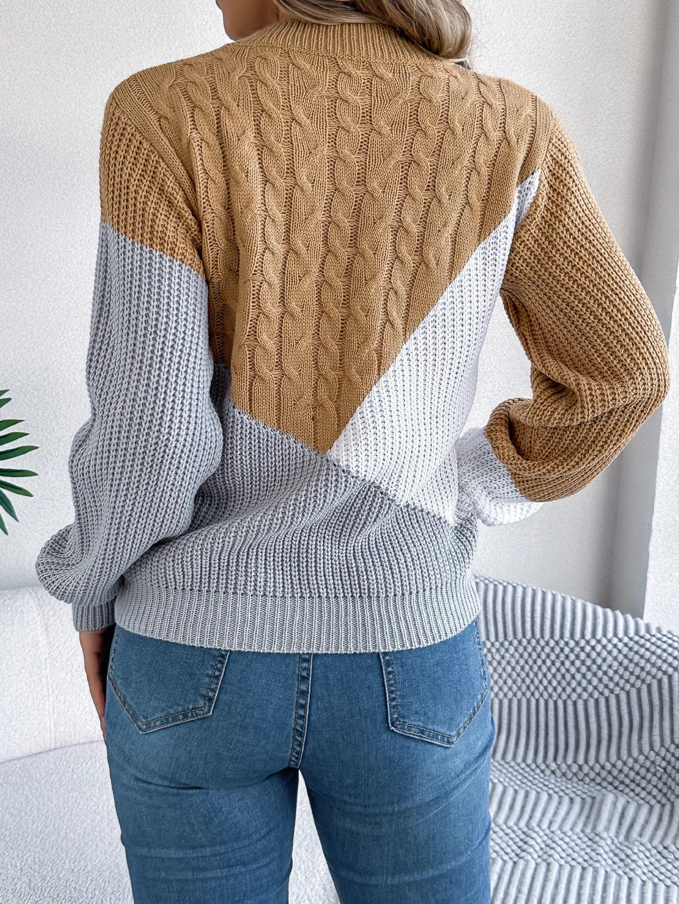 Women's Sweater Tops Sweaters Women Female Woman Clothing Casual Color-Blocked Long-Sleeved Pullover Sweater