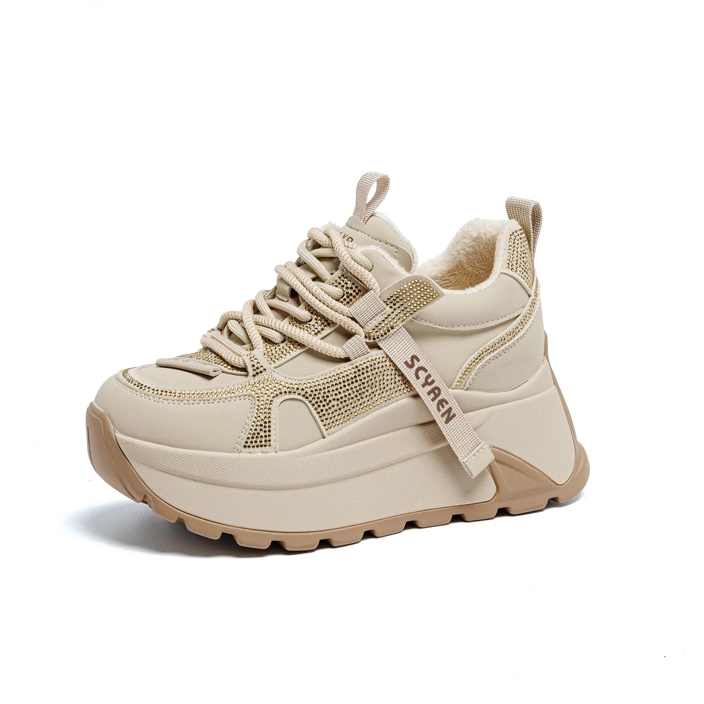 Chunky Sneakers Platform Heel Women Casual Shoes Leather Comfortable Walking Shoes Warm Fur Winter Shoes