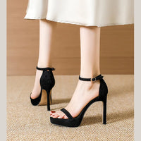 Brand Design Ankle Straps Women Sandals 11Cm Open Toe Platform Party Pumps Flock Leather High Heels