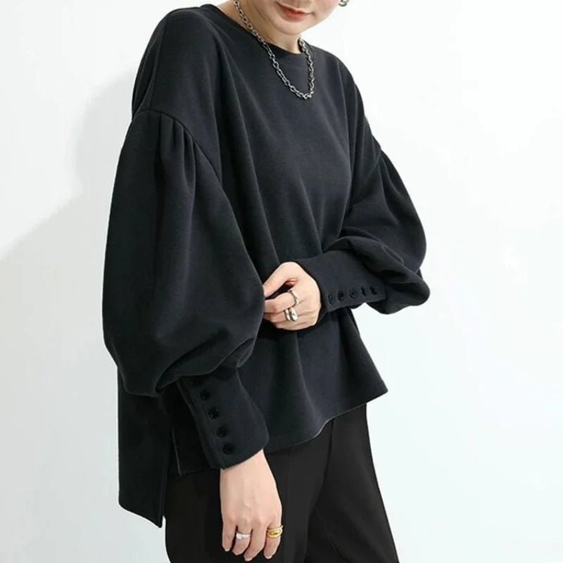 Long-sleeved T-shirt Versatile Outer Casual Top Women's Simple Lantern Sleeves Solid Color Loose Round Neck Women's shirt