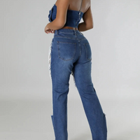 Heavy Duty Denim Jeans Women's High Waist High Elasticity Hole Punching Beading Long Pants Trendy Spicy Girl Style