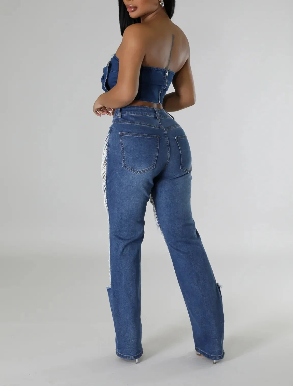 Heavy Duty Denim Jeans Women's High Waist High Elasticity Hole Punching Beading Long Pants Trendy Spicy Girl Style