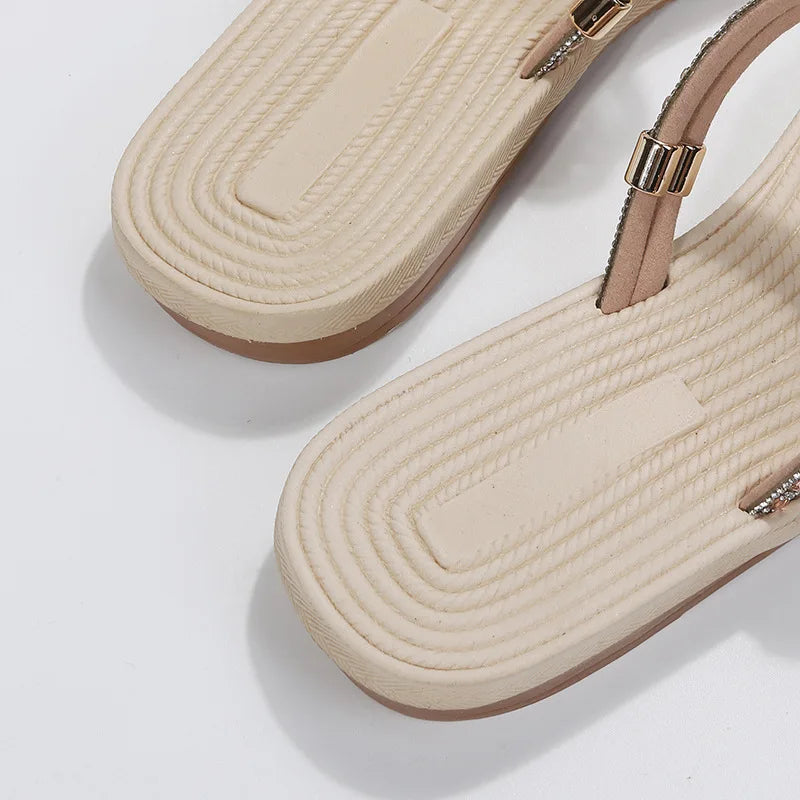 Crystal Gladiator Women Sandals Summer  Clip Toe Flat Heels Beach Slippers Woman Slides