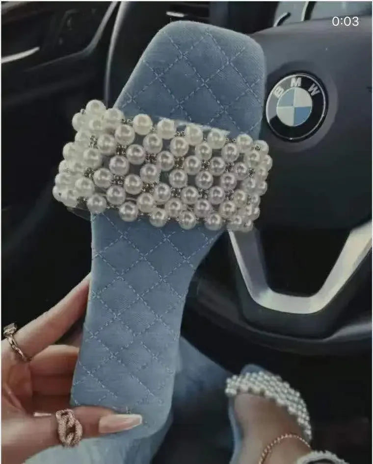 Spring and Summer Women's Pearl Rhinestones Women's All-match Casual Slippers Fashion Solid Flat Shoes Sandals