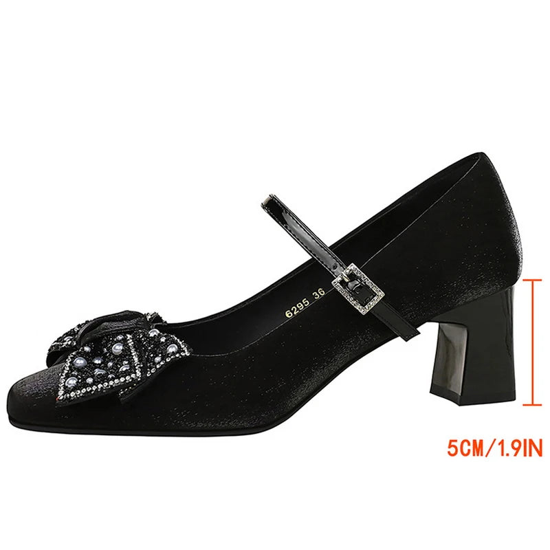 Rhinestone bow Women Pumps Coarse heel Women shoes middle heel Luxury banquet shoes satin square head Ladies shoes