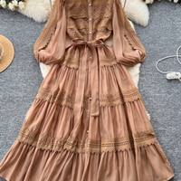Elegant Hollow Out Organza Long Maxi Dresses Shirt Women  Layer Ruffle Full Sleeve Pearl Evening Party Dress