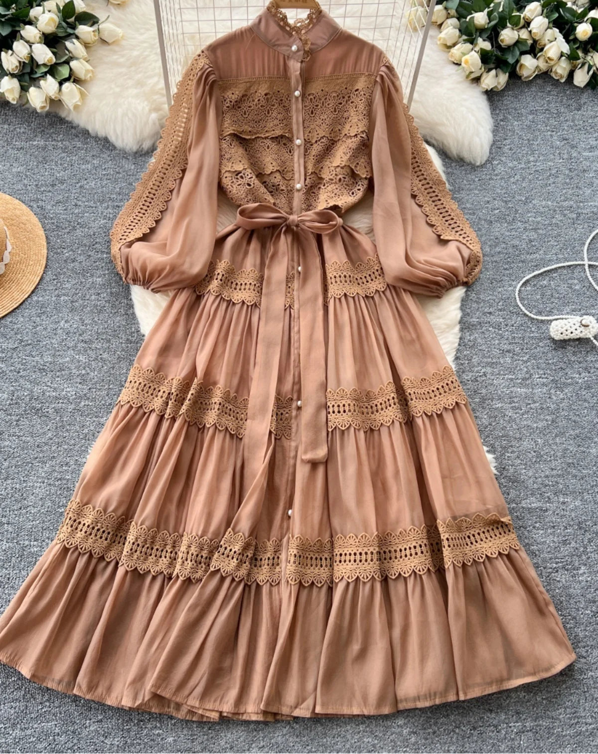 Elegant Hollow Out Organza Long Maxi Dresses Shirt Women  Layer Ruffle Full Sleeve Pearl Evening Party Dress