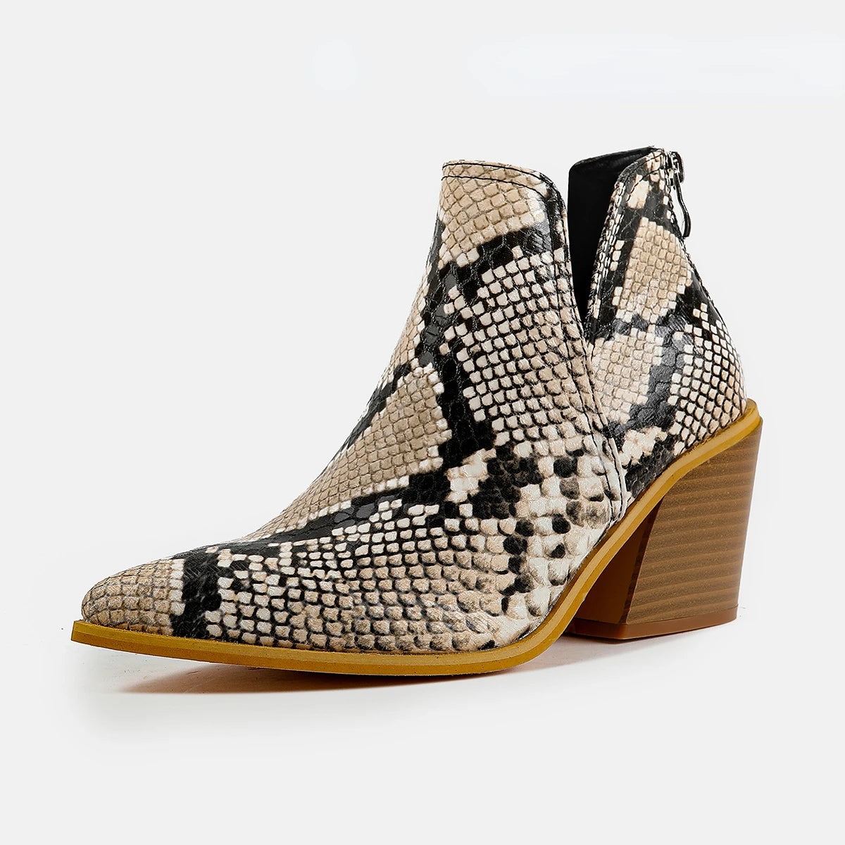 Boots Women Ankle Leopard Mid Heel Shoes Female Slip-On Casual Black Square Heel Booties