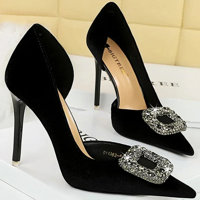 Women 10.5cm Super High Heels Pointed Toe Side Hollow Work Pumps Metal Crystal Buckle Velvet Stiletto Fashion Banquet Lady Shoes