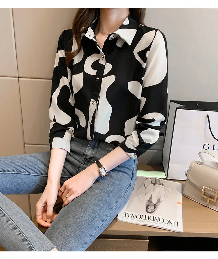 Elegant Long Sleeve Floral Print Chiffon Shirt Women's Versatile High-End Fashion Top Spring City Style Commute Shirt