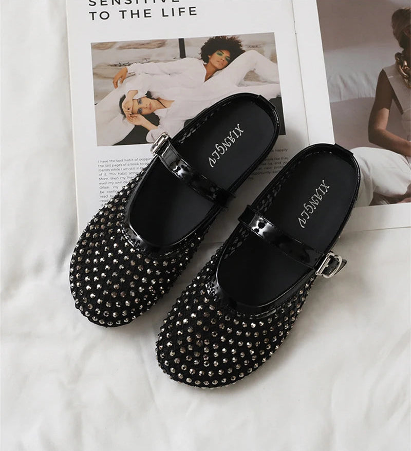 Luxury Shinny Diamond Women Mules Slippers Summer Shoes Crystal Footwear Rhinestones Slip On Brand Mary Jane Sandals Mesh Clogs