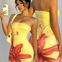 Summer Sexy Waist-Cinching Floral Dress Beach Sand Beach Crossbody Strapless Short Skirt Polyester Fabric Street Style