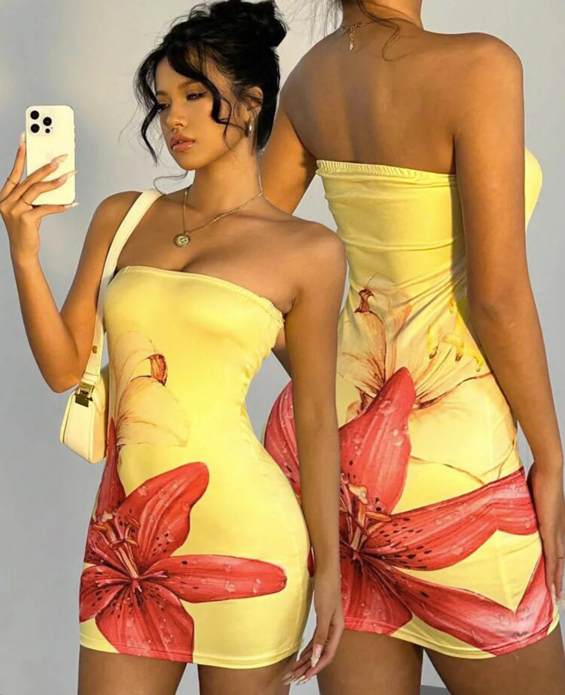 Summer Sexy Waist-Cinching Floral Dress Beach Sand Beach Crossbody Strapless Short Skirt Polyester Fabric Street Style