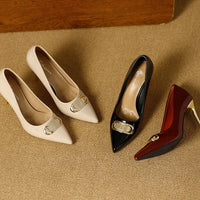 French Style Single Shoes Spring Women Pumps New Pointed Toe Shallow Mouth Metallic Buckle Commuting Shoes Stiletto Single Shoes