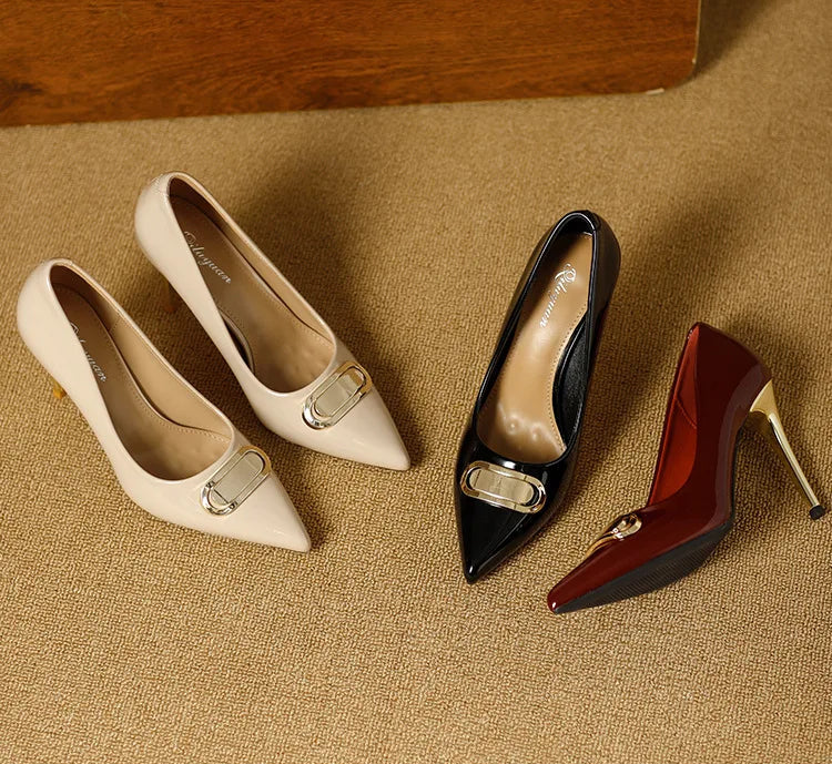 French Style Single Shoes Spring Women Pumps New Pointed Toe Shallow Mouth Metallic Buckle Commuting Shoes Stiletto Single Shoes