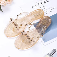 Women Jelly Slippers Rivets Studs Bow-Knot Leisure Daily Flip-Flops For Raining Days Anti-Slip Flat Slippers