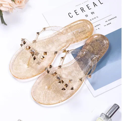 Women Jelly Slippers Rivets Studs Bow-Knot Leisure Daily Flip-Flops For Raining Days Anti-Slip Flat Slippers