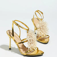 Ladies High Heel Sandals with 3D Fluffy Flower Decorations round Toe Thin Heel Spring Summer Night Club Fashionable Party Shoes