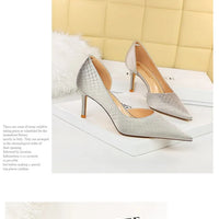 Shoes Woman Pumps Pointed Toe Shallow High Heels Snakeskin Satin Thin Heel Sandals Stiletto Party Shoes
