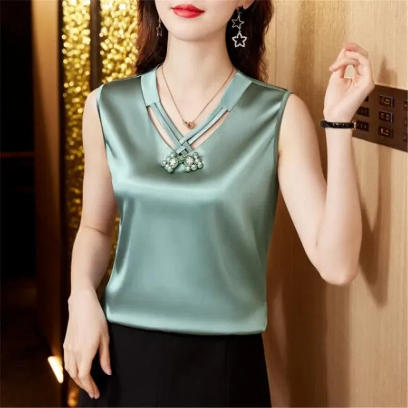 Elegant V Neck Solid Beaded Shirt Fashion Sleeveless Satin Blouse for Woman Loose Casual Silk Top Blouse