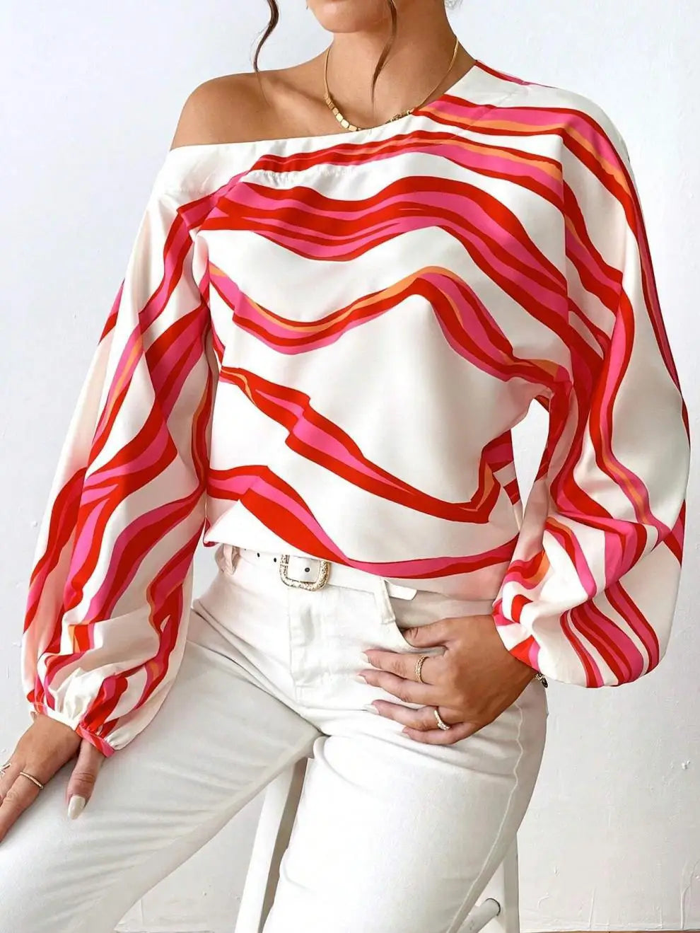 Elegant Printed Sleeve Shirt Independent Station Cross-Border Women's Long Sleeve One-Shoulder Loose Top Commute Style