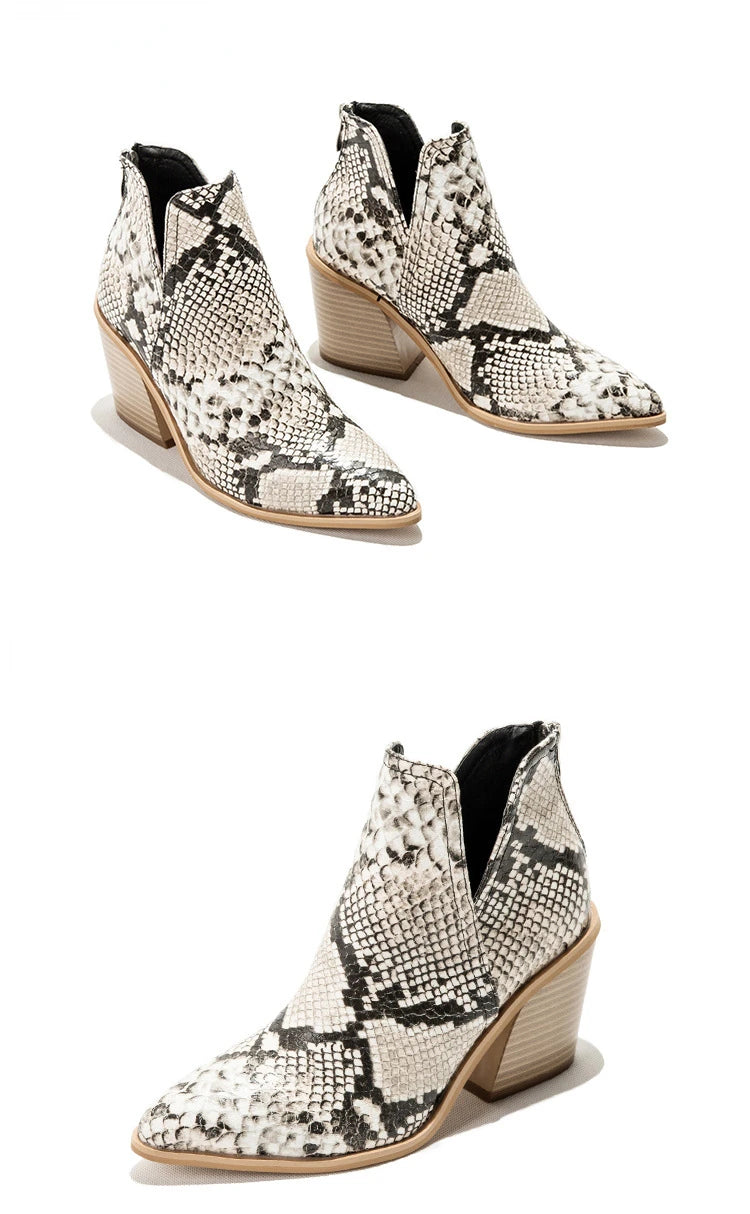Boots Women Ankle Leopard Mid Heel Shoes Female Slip-On Casual Black Square Heel Booties