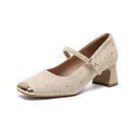 Retro Square Head Mary Jane Shoes Women Comfortable Slip-On High Heels Casual Velvet Upgraded Rubber Sole