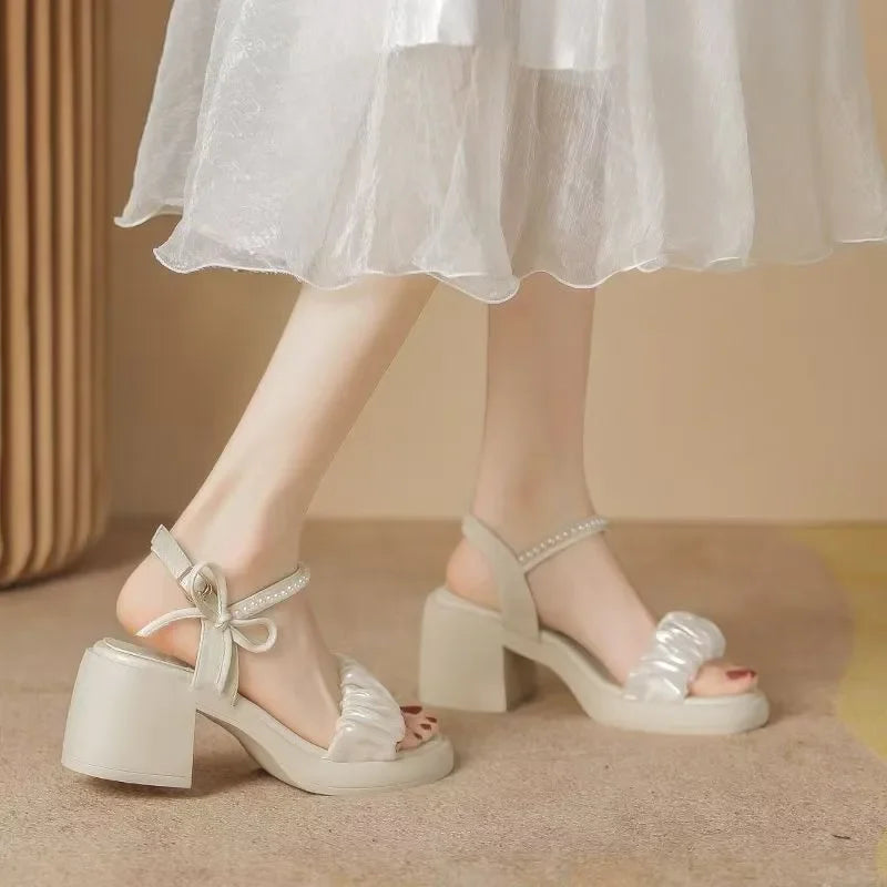 Women's Sandals Summer Fairy Style Thick Heel Waterproof Platform Wide Strap Casual Sweet round Toe PU Leather Rubber Sole