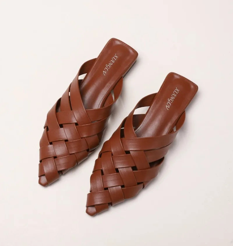 Hollow Woven Pointed Cool Slippers Women's Summer Thick Heel Outer Wear Bag Head Half Slippers Women Sandals