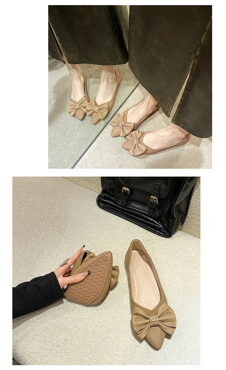 Soft Bottom Flat Casual Women's Shoes Butterfly Knot Slip-On Simple Design Shoes  Synthetic Leather