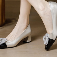 Rhinestone Camellia Flower Women's Shoes Square Toe Thick Heels 5cm Ladies Pumps Party Shoes