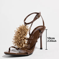 Ladies High Heel Sandals with 3D Fluffy Flower Decorations round Toe Thin Heel Spring Summer Night Club Fashionable Party Shoes
