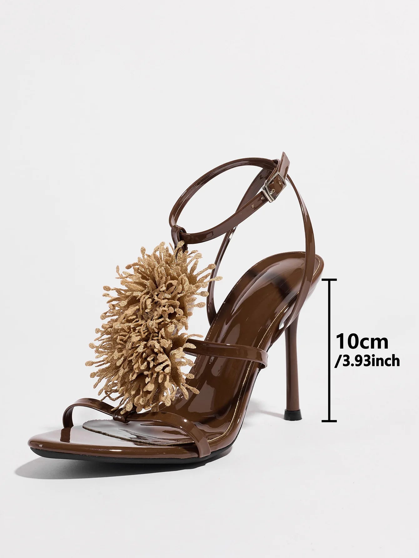 Ladies High Heel Sandals with 3D Fluffy Flower Decorations round Toe Thin Heel Spring Summer Night Club Fashionable Party Shoes