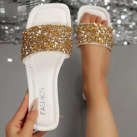 Women's Sandals Flat Bottom Slip-On Shoes Crystal Shiny Sequin Style Square Head Open-Toe Flat Heels