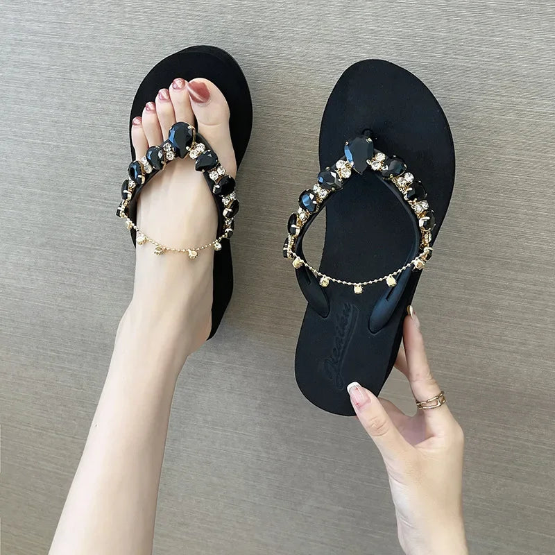 Women Slippers Fashion Summer New Water Diamond Flip Flops Women Outwear Thick Sole Slope Heels Beach Vacation Slippers