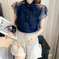Women flare Short Sleeve blue shirts lady chiffon tops
