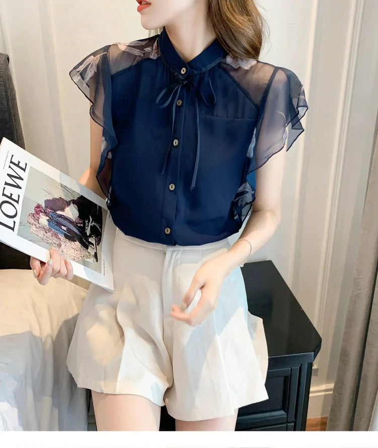 Women flare Short Sleeve blue shirts lady chiffon tops