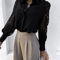 women's solid color lace stitching shirt with Bubble Sleeves embroidery cut out shirt for women