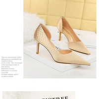 Shoes Woman Pumps Pointed Toe Shallow High Heels Snakeskin Satin Thin Heel Sandals Stiletto Party Shoes