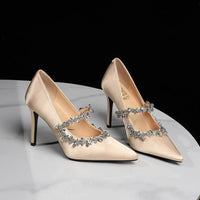 Elegant French Style High Heels Women's Satin Pointed Toe Shoes with Water Diamond Decoration Thin Heel Single Shoes
