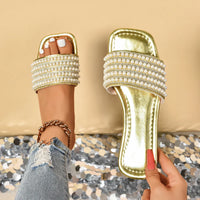 Women Luxury Pearl Slippers Square Toe Beach Flat Sandals Comfortable Non Slip Slippers  Slides Women
