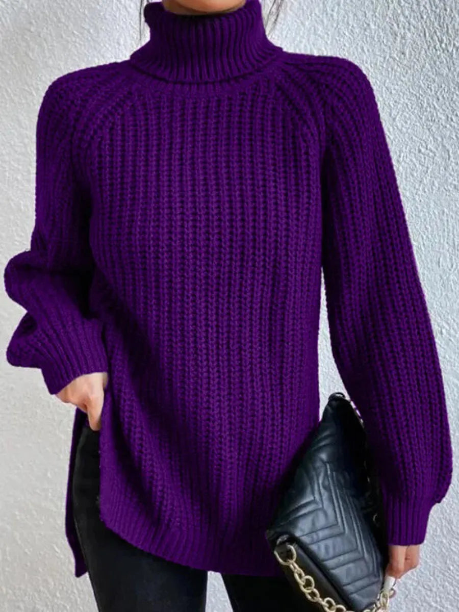 Turtlenecks Women Pullovers Mid-Long Casual Knit Sweater Fad Raglan Sleeves Side Slit Sweater New Skirt-style Jumper