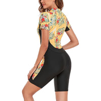 Swimwear Women O Neck Half Zipper Beachwear Printed Spliced Bathing Suit Short Sleeve Bodysuit Summer