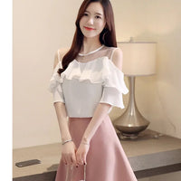 Loose Women's Chiffon Shirt round Neck Pure Color Mesh Five Sleeve Transparent Top Fashionable Small Shirt