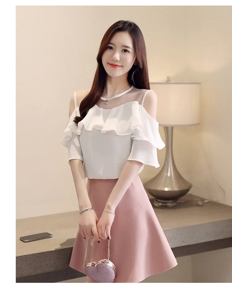 Loose Women's Chiffon Shirt round Neck Pure Color Mesh Five Sleeve Transparent Top Fashionable Small Shirt