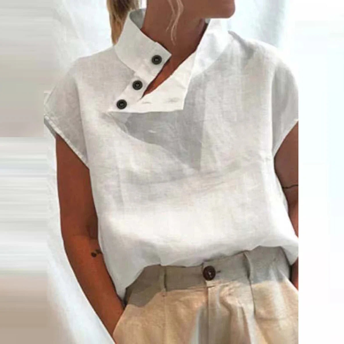 Women Cotton Linen Stand Collar Blouses Cap Sleeves Solid Color Loose Fit Casual Fashion Female Shirts Tops