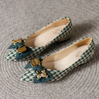 Pointed Toe Slip on Pumps Women's Low Heel Shoes with Bow Tie Shallow Metal Decoration & Versatile Plus Size Shoes